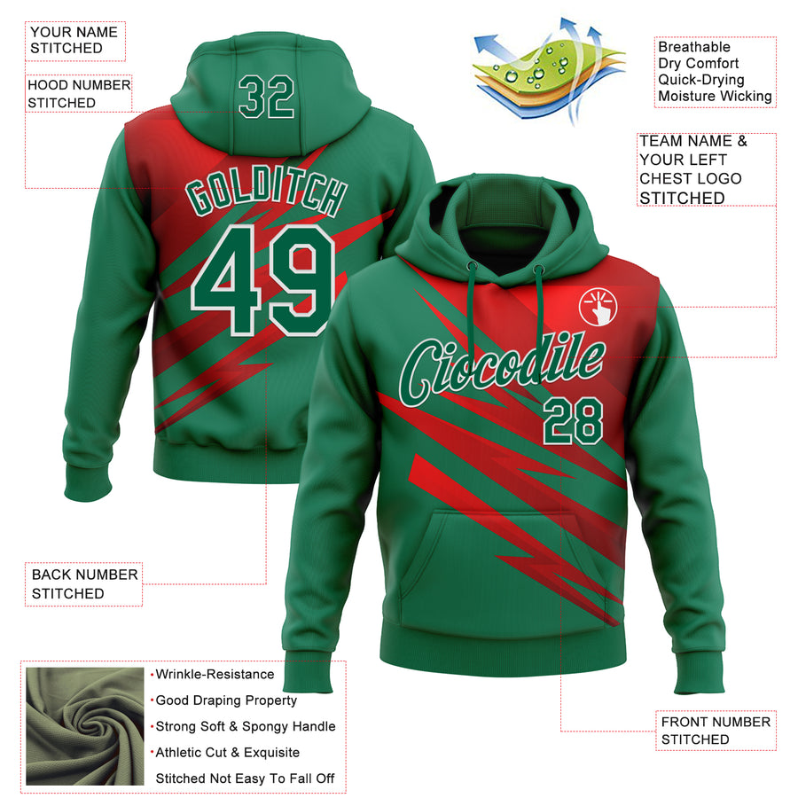 Custom Stitched Kelly Green Red-White 3D Pattern Design Line Sports Pullover Sweatshirt Hoodie