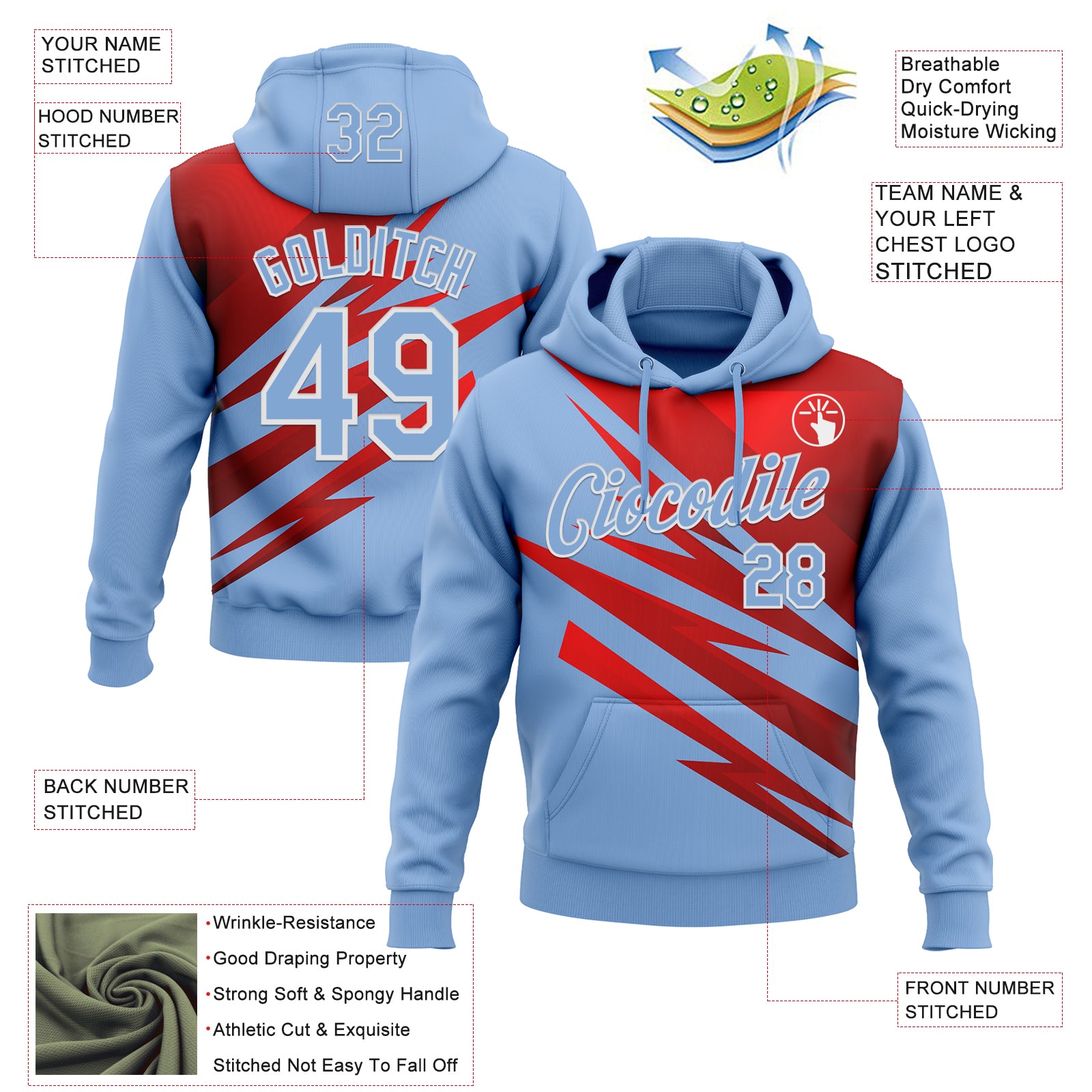 Custom Stitched Light Blue Red-White 3D Pattern Design Line Sports Pullover Sweatshirt Hoodie
