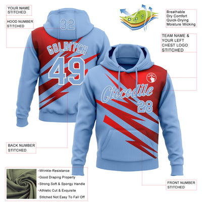 Custom Stitched Light Blue Red-White 3D Pattern Design Line Sports Pullover Sweatshirt Hoodie