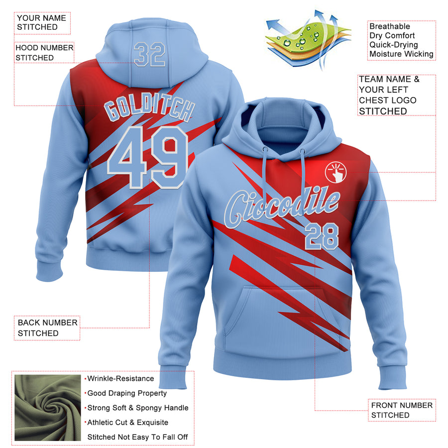 Custom Stitched Light Blue Red-White 3D Pattern Design Line Sports Pullover Sweatshirt Hoodie