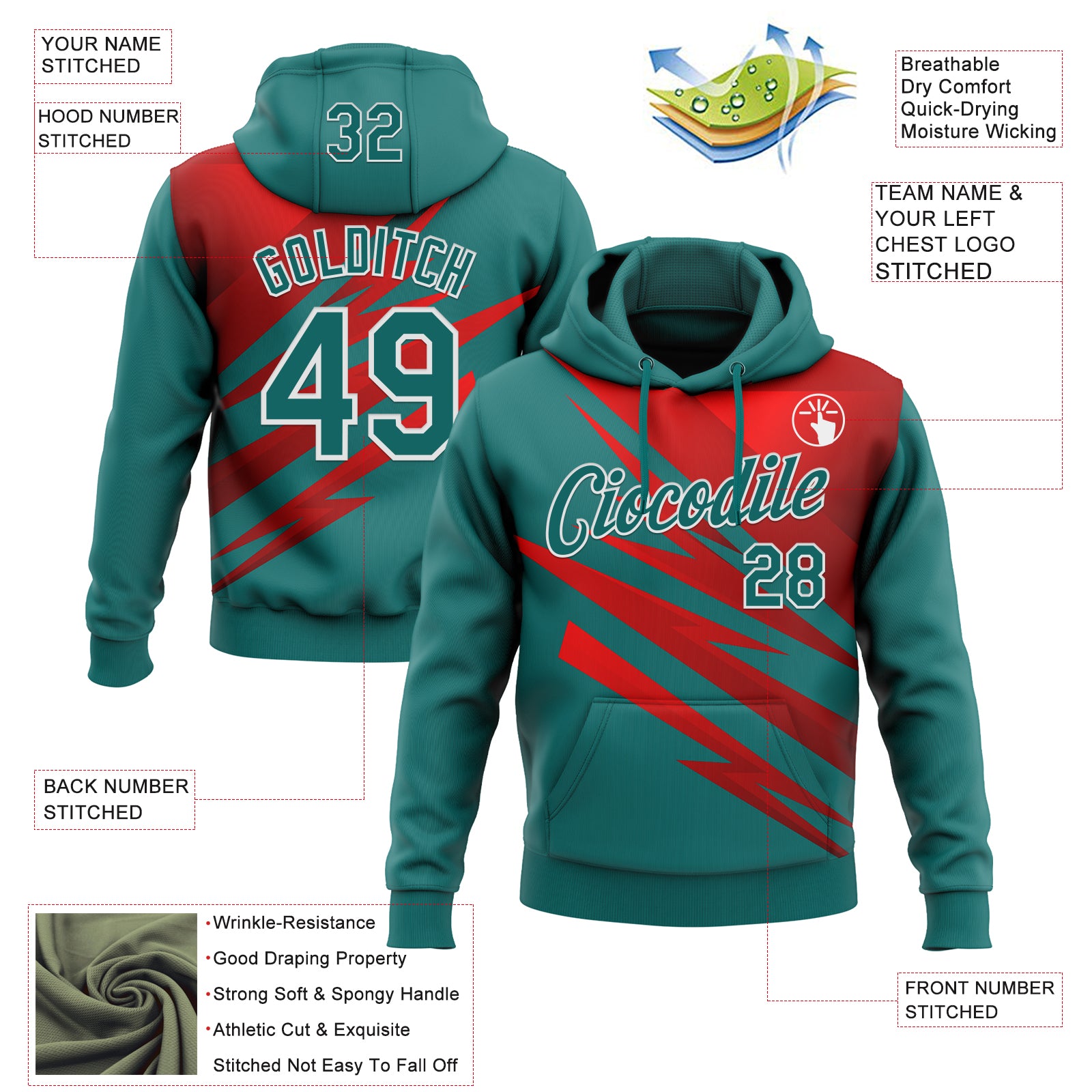 Custom Stitched Teal Red-White 3D Pattern Design Line Sports Pullover Sweatshirt Hoodie