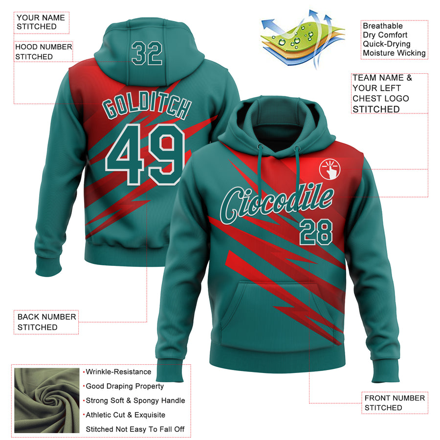Custom Stitched Teal Red-White 3D Pattern Design Line Sports Pullover Sweatshirt Hoodie