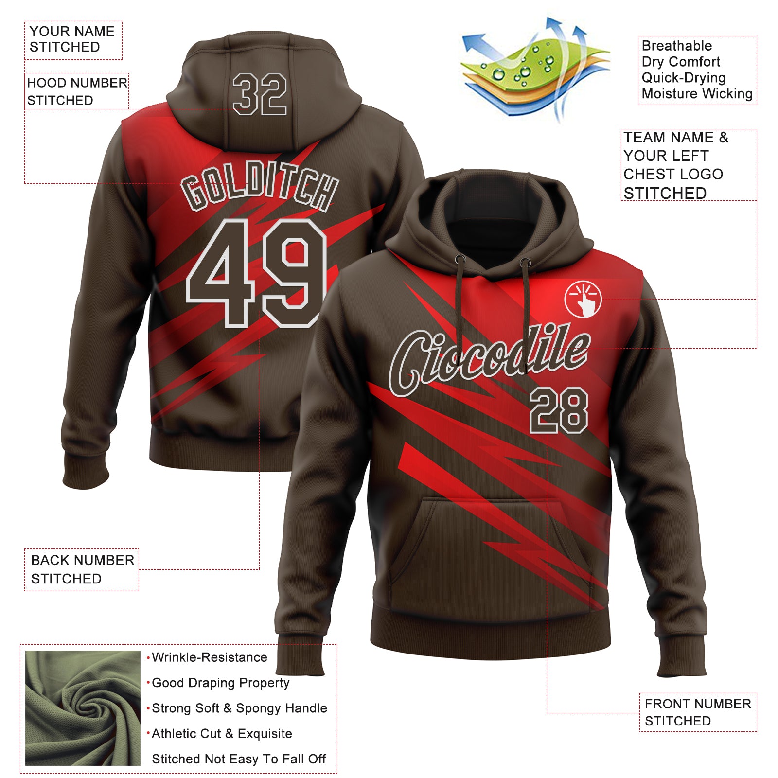 Custom Stitched Brown Red-White 3D Pattern Design Line Sports Pullover Sweatshirt Hoodie
