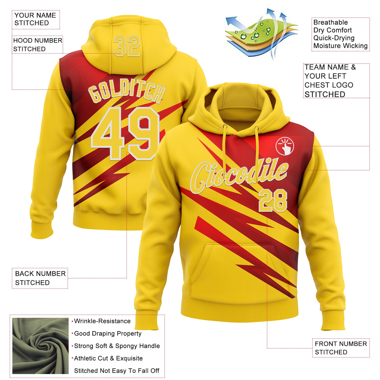 Custom Stitched Yellow Red-White 3D Pattern Design Line Sports Pullover Sweatshirt Hoodie