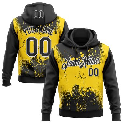 Custom Stitched Black Yellow-White 3D Pattern Design Abstract Splatter Grunge Art Sports Pullover Sweatshirt Hoodie