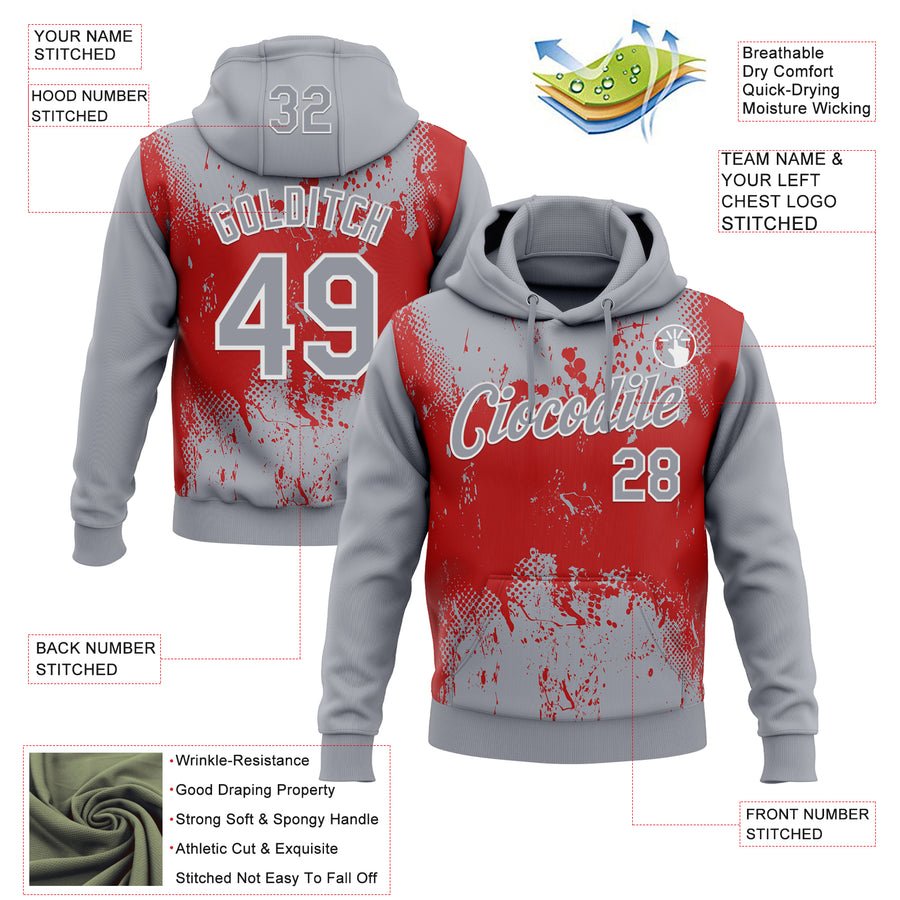 Custom Stitched Gray Red-White 3D Pattern Design Abstract Splatter Grunge Art Sports Pullover Sweatshirt Hoodie