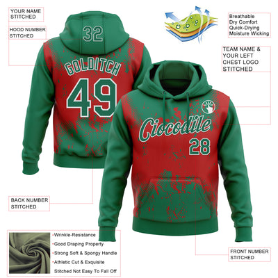 Custom Stitched Kelly Green Red-White 3D Pattern Design Abstract Splatter Grunge Art Sports Pullover Sweatshirt Hoodie