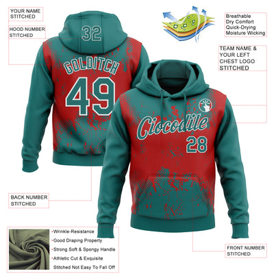 Custom Stitched Teal Red-White 3D Pattern Design Abstract Splatter Grunge Art Sports Pullover Sweatshirt Hoodie