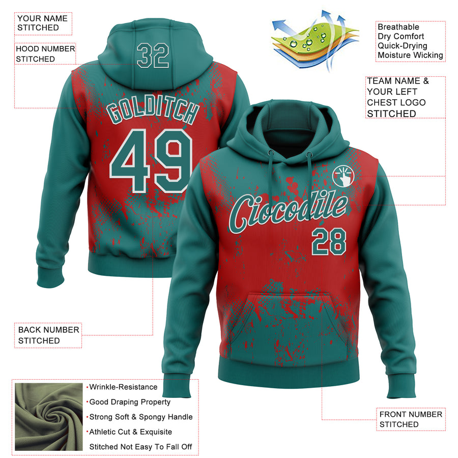 Custom Stitched Teal Red-White 3D Pattern Design Abstract Splatter Grunge Art Sports Pullover Sweatshirt Hoodie