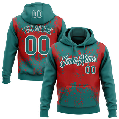 Custom Stitched Teal Red-White 3D Pattern Design Abstract Splatter Grunge Art Sports Pullover Sweatshirt Hoodie