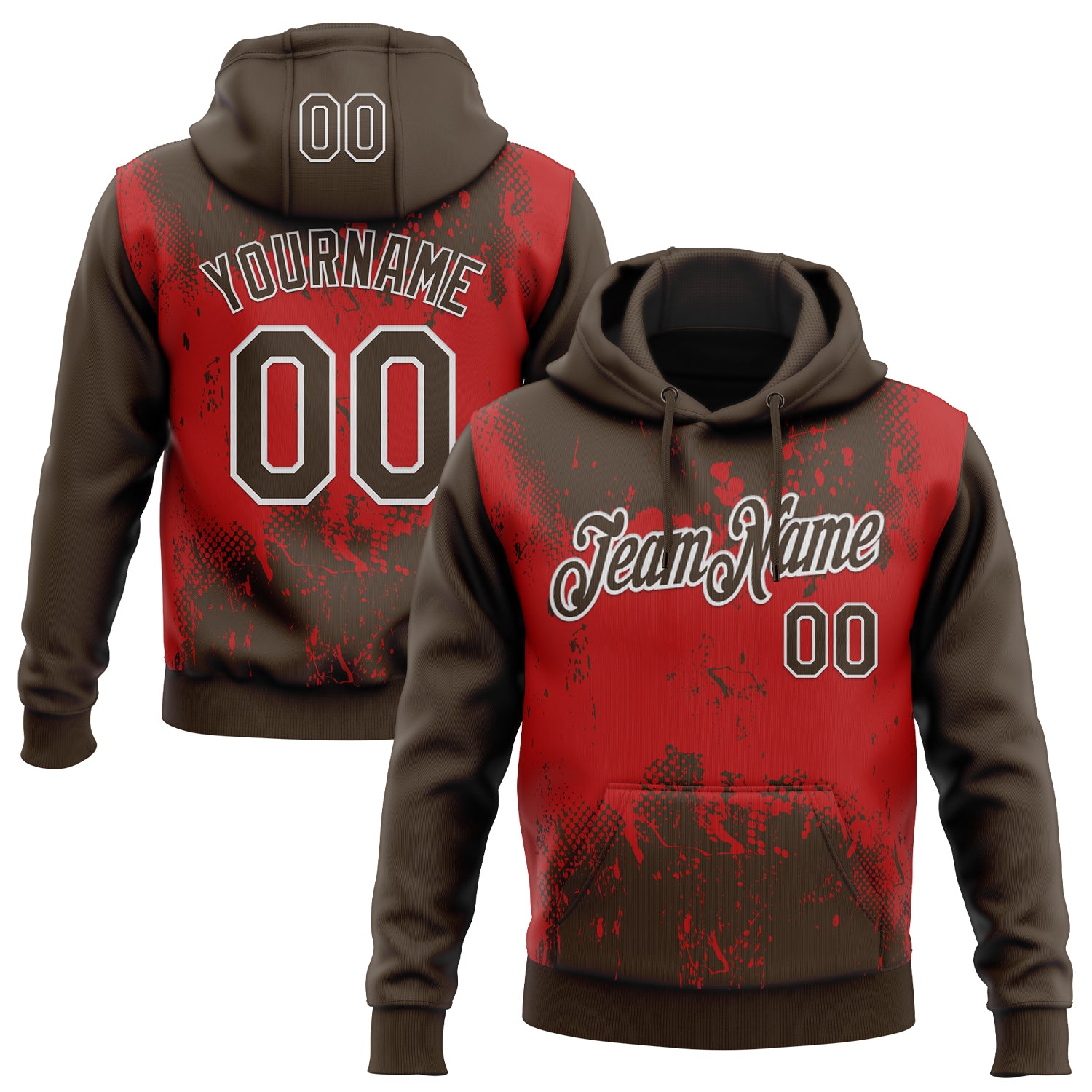 Custom Stitched Brown Red-White 3D Pattern Design Abstract Splatter Grunge Art Sports Pullover Sweatshirt Hoodie
