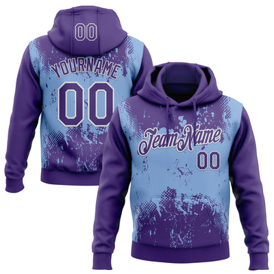 Custom Stitched Purple Light Blue-White 3D Pattern Design Abstract Splatter Grunge Art Sports Pullover Sweatshirt Hoodie
