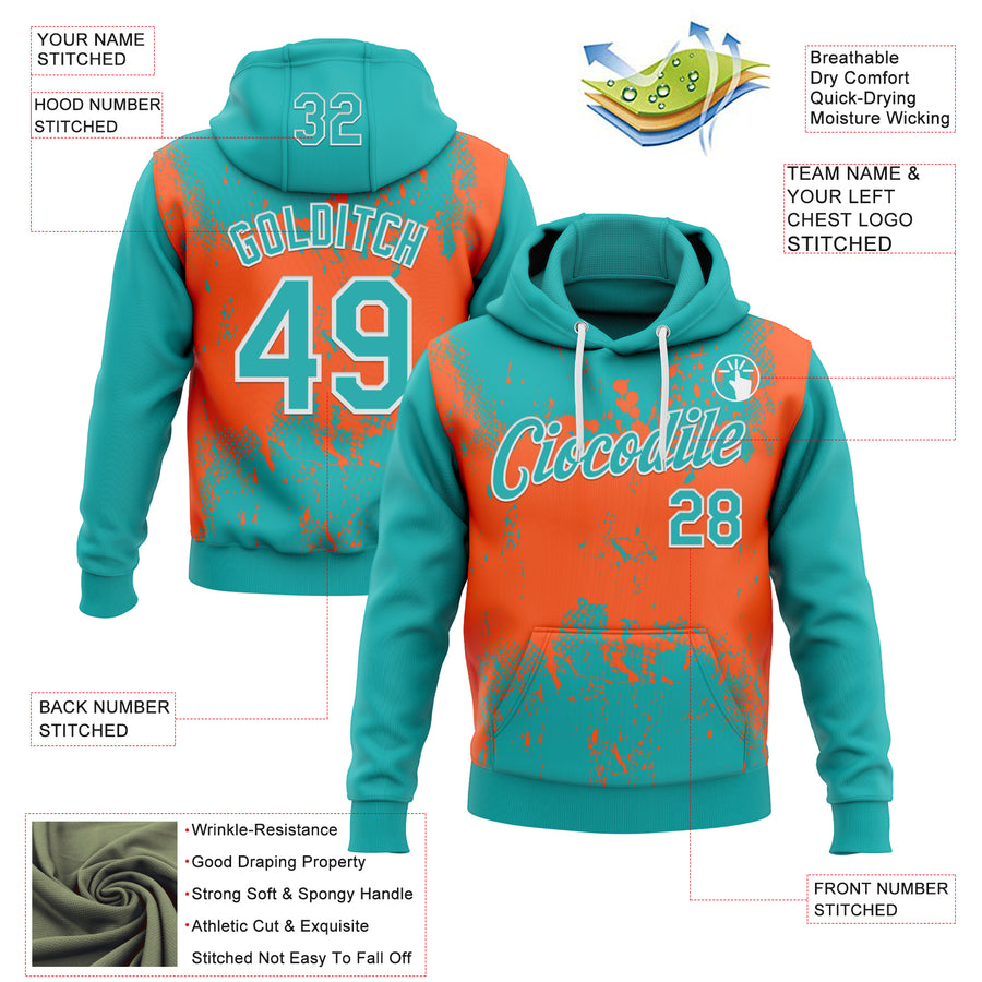 Custom Stitched Aqua Orange-White 3D Pattern Design Abstract Splatter Grunge Art Sports Pullover Sweatshirt Hoodie
