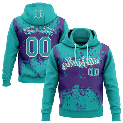 Custom Stitched Aqua Purple-White 3D Pattern Design Abstract Splatter Grunge Art Sports Pullover Sweatshirt Hoodie