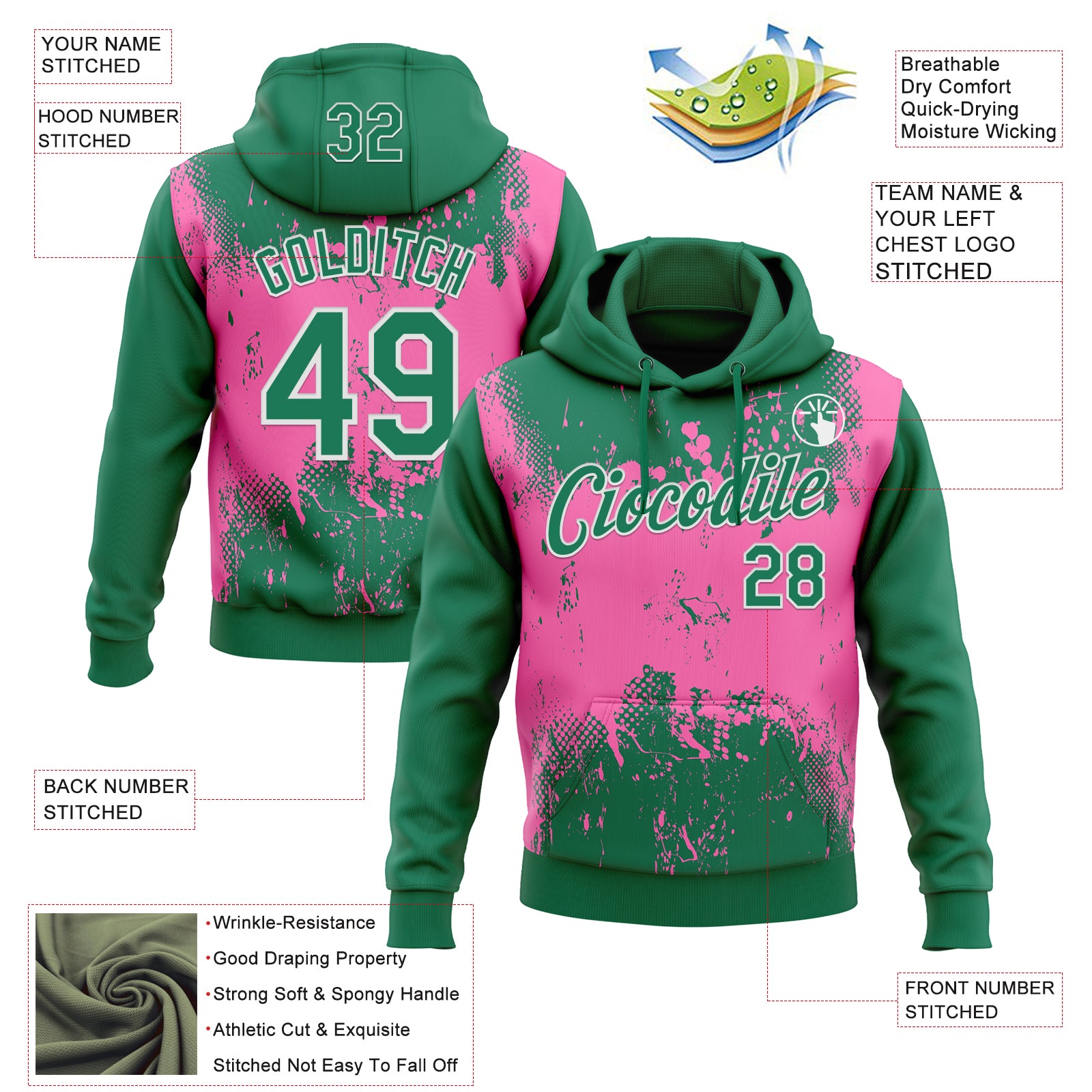 Custom Stitched Kelly Green Pink-White 3D Pattern Design Abstract Splatter Grunge Art Sports Pullover Sweatshirt Hoodie