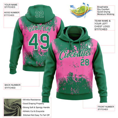 Custom Stitched Kelly Green Pink-White 3D Pattern Design Abstract Splatter Grunge Art Sports Pullover Sweatshirt Hoodie