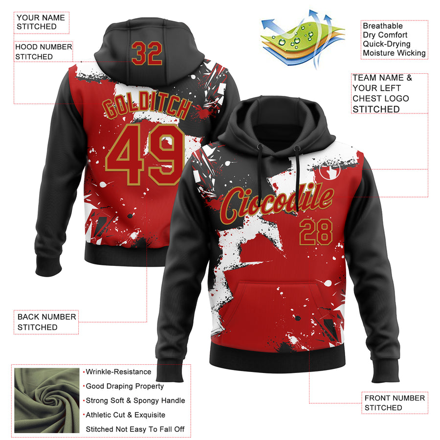 Custom Stitched Black Red Old Gold-White 3D Pattern Design Splash Torn Paper Style Sports Pullover Sweatshirt Hoodie