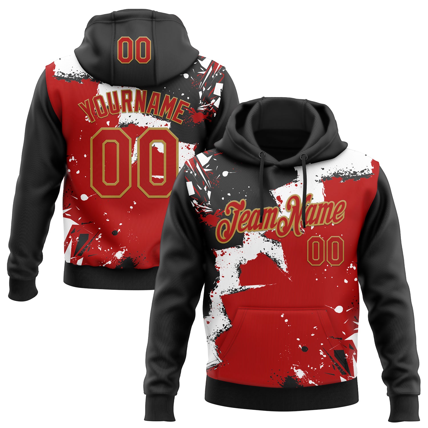 Custom Stitched Black Red Old Gold-White 3D Pattern Design Splash Torn Paper Style Sports Pullover Sweatshirt Hoodie