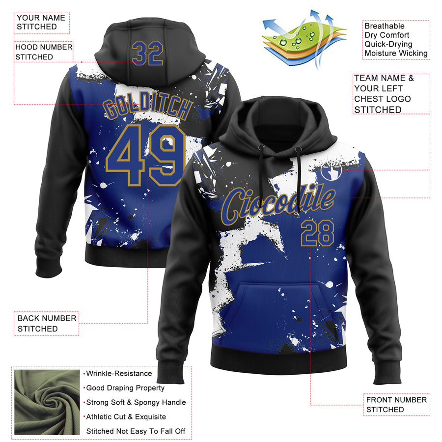 Custom Stitched Black Royal Old Gold-White 3D Pattern Design Splash Torn Paper Style Sports Pullover Sweatshirt Hoodie