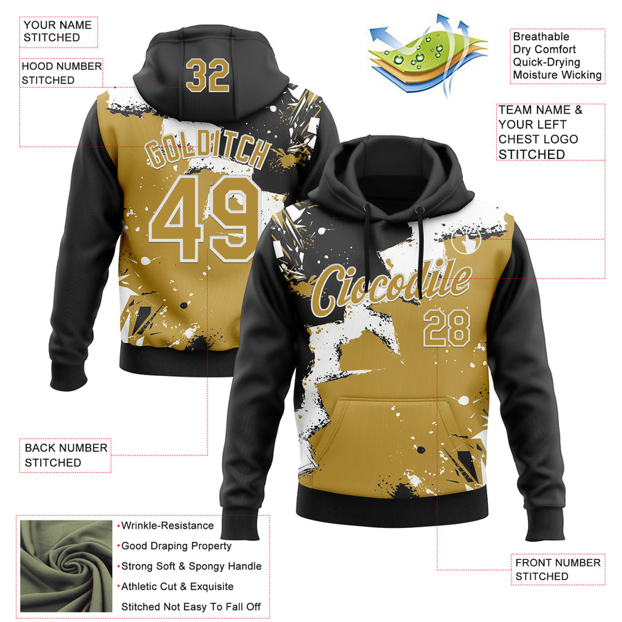 Custom Stitched Black Old Gold-White 3D Pattern Design Splash Torn Paper Style Sports Pullover Sweatshirt Hoodie