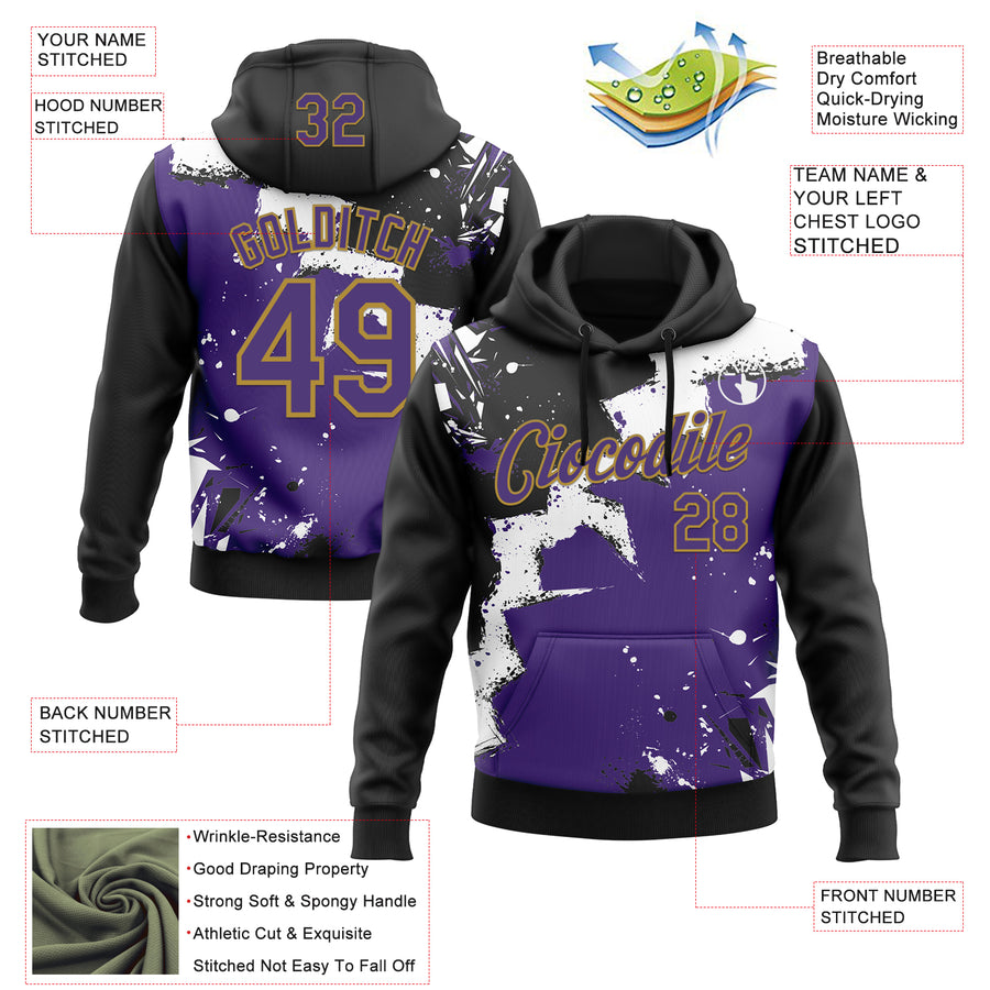 Custom Stitched Black Purple Old Gold-White 3D Pattern Design Splash Torn Paper Style Sports Pullover Sweatshirt Hoodie