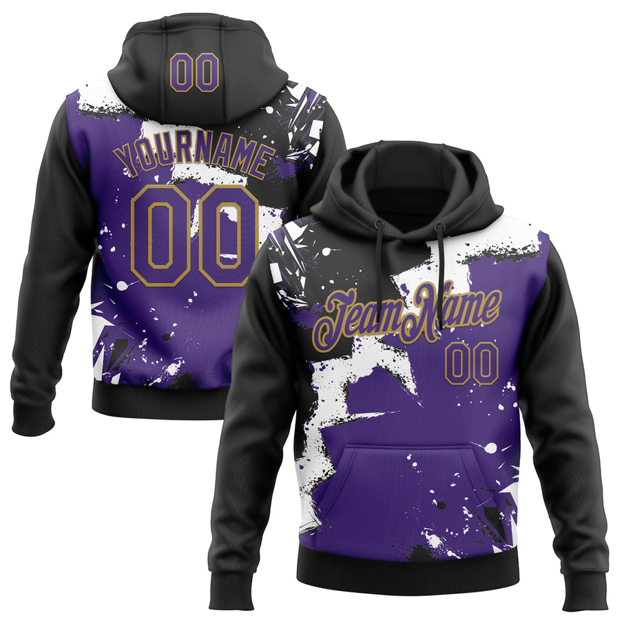 Custom Stitched Black Purple Old Gold-White 3D Pattern Design Splash Torn Paper Style Sports Pullover Sweatshirt Hoodie