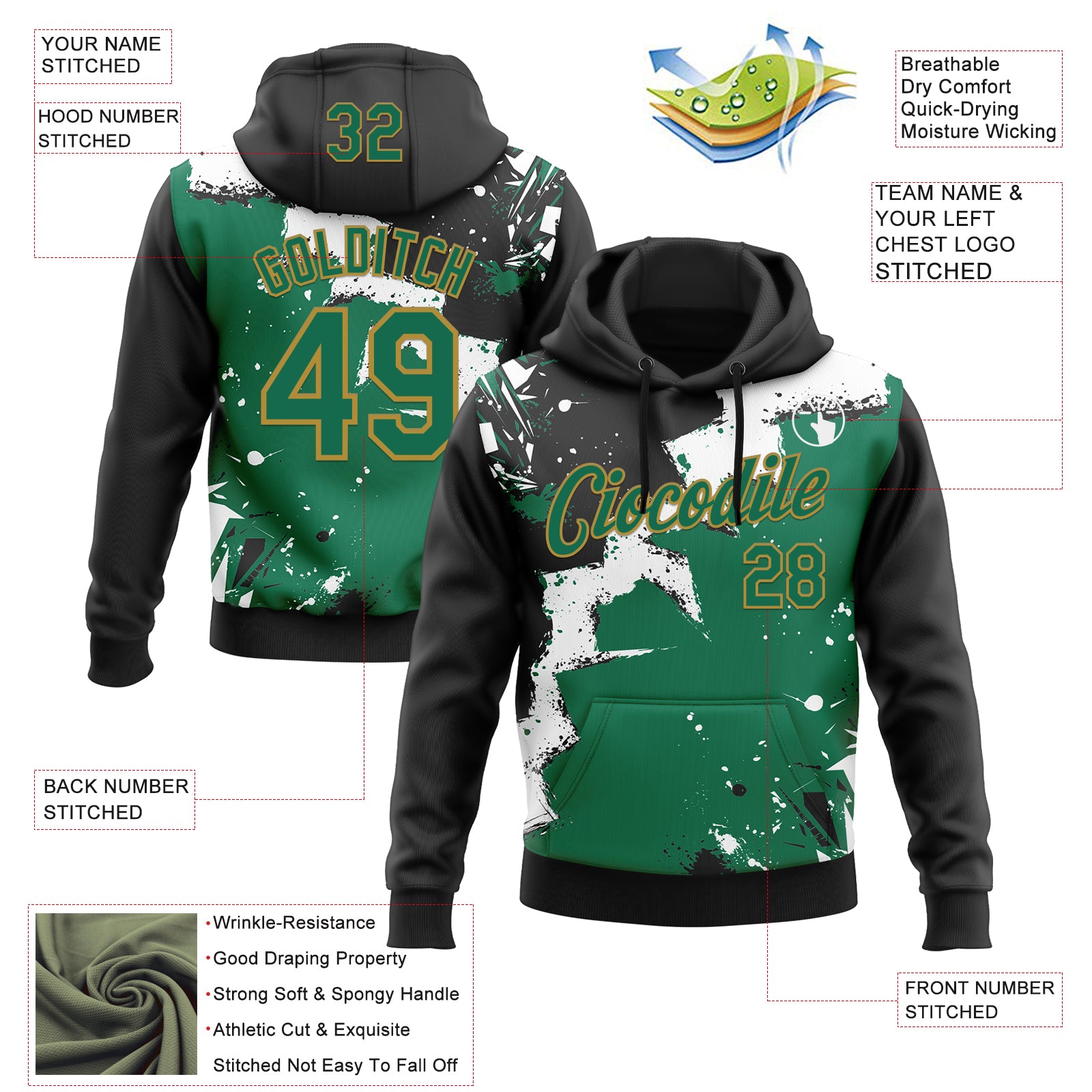 Custom Stitched Black Kelly Green Old Gold-White 3D Pattern Design Splash Torn Paper Style Sports Pullover Sweatshirt Hoodie