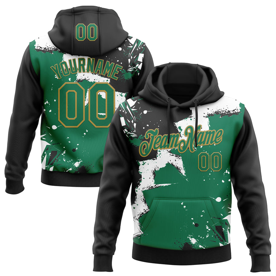 Custom Stitched Black Kelly Green Old Gold-White 3D Pattern Design Splash Torn Paper Style Sports Pullover Sweatshirt Hoodie