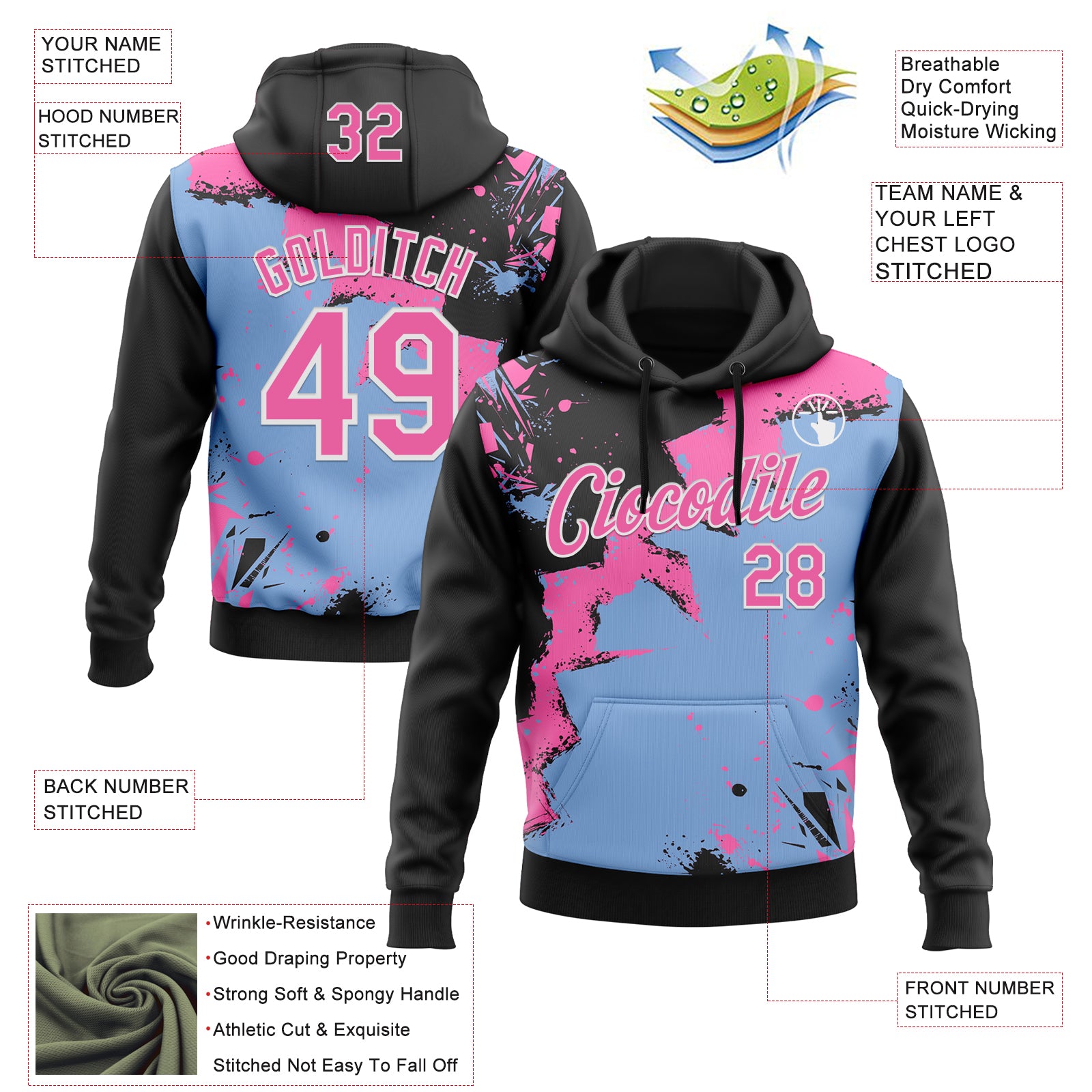 Custom Stitched Black Pink Light Blue-White 3D Pattern Design Splash Torn Paper Style Sports Pullover Sweatshirt Hoodie