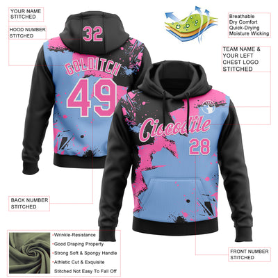 Custom Stitched Black Pink Light Blue-White 3D Pattern Design Splash Torn Paper Style Sports Pullover Sweatshirt Hoodie