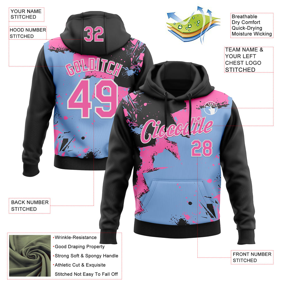 Custom Stitched Black Pink Light Blue-White 3D Pattern Design Splash Torn Paper Style Sports Pullover Sweatshirt Hoodie