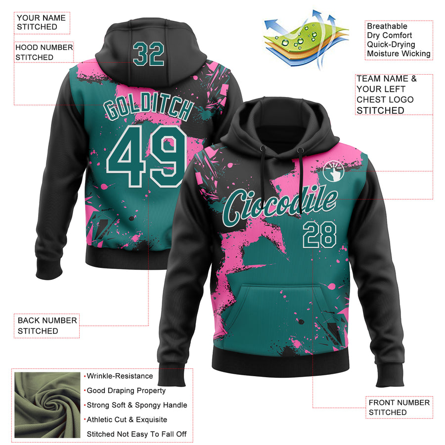 Custom Stitched Black Teal Pink-White 3D Pattern Design Splash Torn Paper Style Sports Pullover Sweatshirt Hoodie