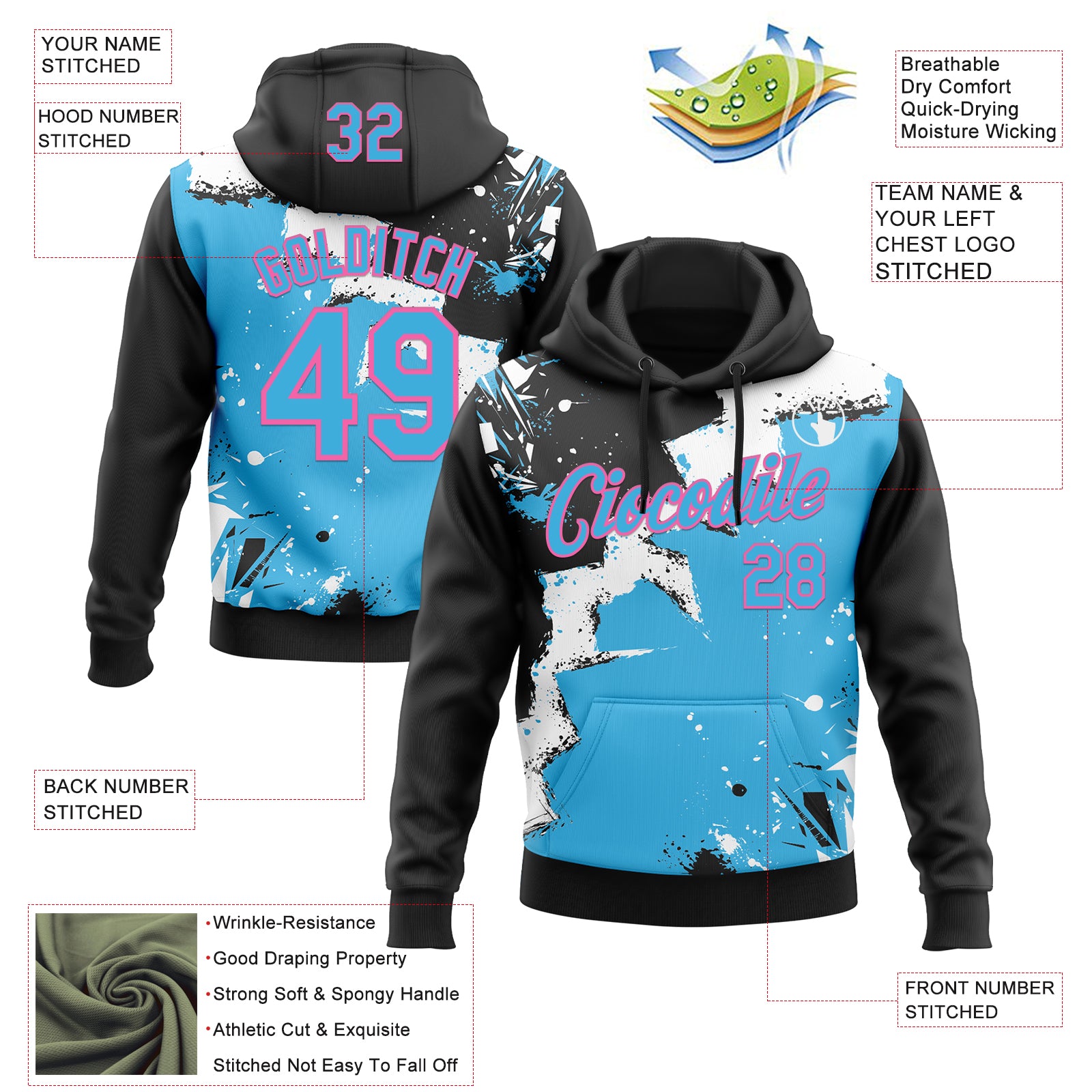 Custom Stitched Black Sky Blue Pink-White 3D Pattern Design Splash Torn Paper Style Sports Pullover Sweatshirt Hoodie