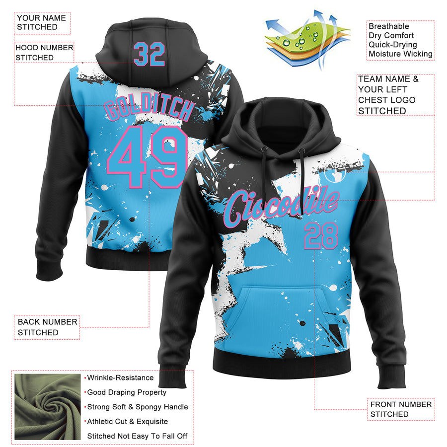 Custom Stitched Black Sky Blue Pink-White 3D Pattern Design Splash Torn Paper Style Sports Pullover Sweatshirt Hoodie