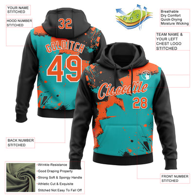 Custom Stitched Black Orange Aqua-White 3D Pattern Design Splash Torn Paper Style Sports Pullover Sweatshirt Hoodie