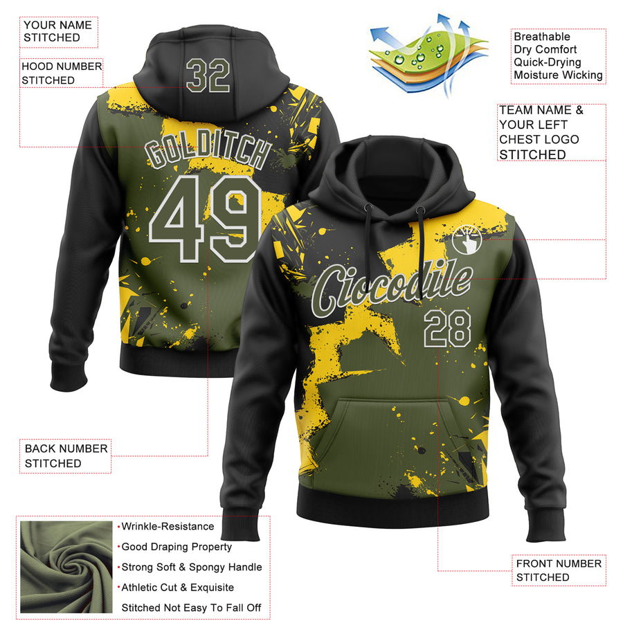 Custom Stitched Black Olive Yellow-White 3D Pattern Design Splash Torn Paper Style Sports Pullover Sweatshirt Hoodie