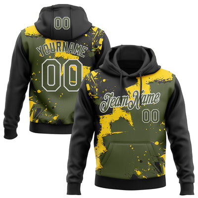 Custom Stitched Black Olive Yellow-White 3D Pattern Design Splash Torn Paper Style Sports Pullover Sweatshirt Hoodie