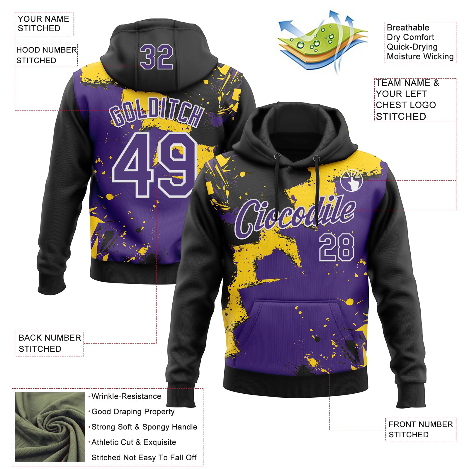 Custom Stitched Black Purple Yellow-White 3D Pattern Design Splash Torn Paper Style Sports Pullover Sweatshirt Hoodie