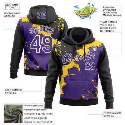 Custom Stitched Black Purple Yellow-White 3D Pattern Design Splash Torn Paper Style Sports Pullover Sweatshirt Hoodie