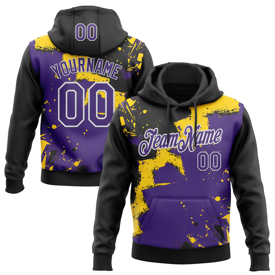 Custom Stitched Black Purple Yellow-White 3D Pattern Design Splash Torn Paper Style Sports Pullover Sweatshirt Hoodie