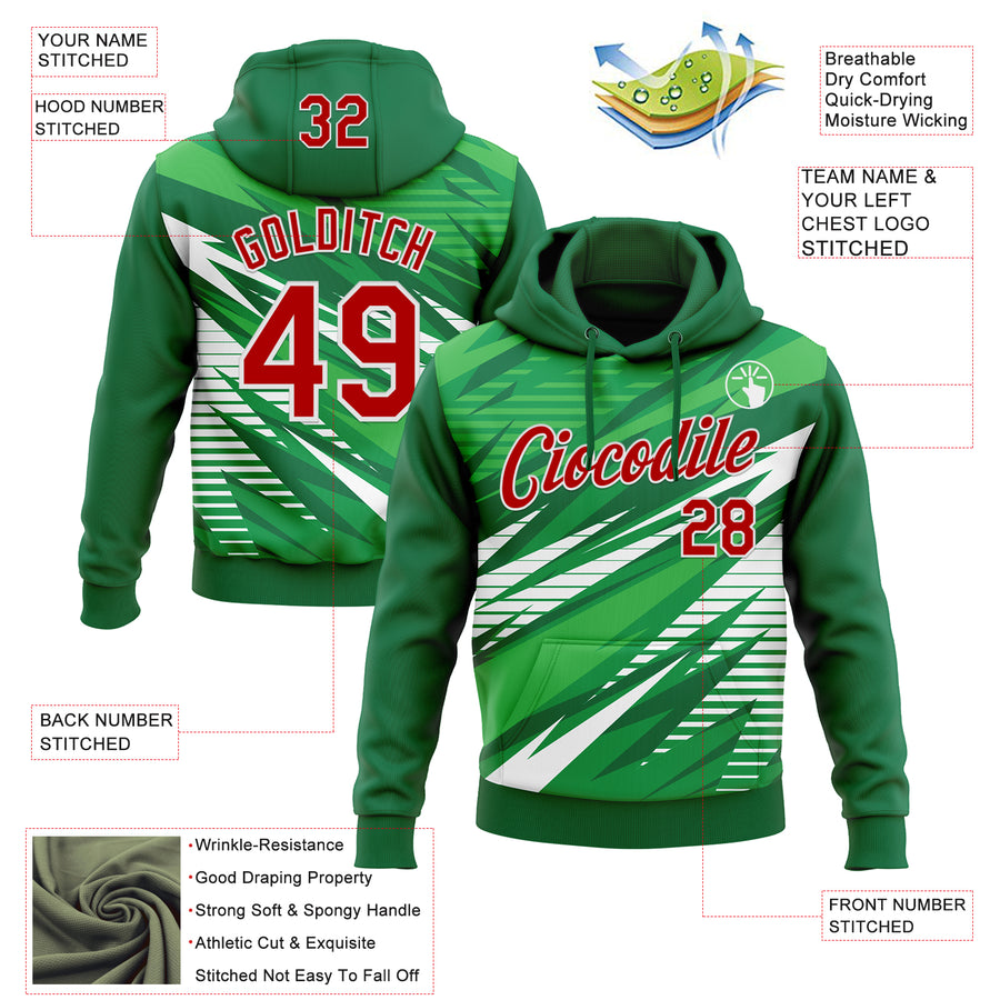 Custom Stitched Kelly Green Red-White 3D Pattern Design Line Sports Pullover Sweatshirt Hoodie