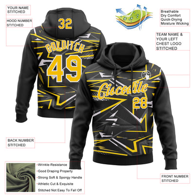 Custom Stitched Black Yellow-White 3D Pattern Design Line Sports Pullover Sweatshirt Hoodie