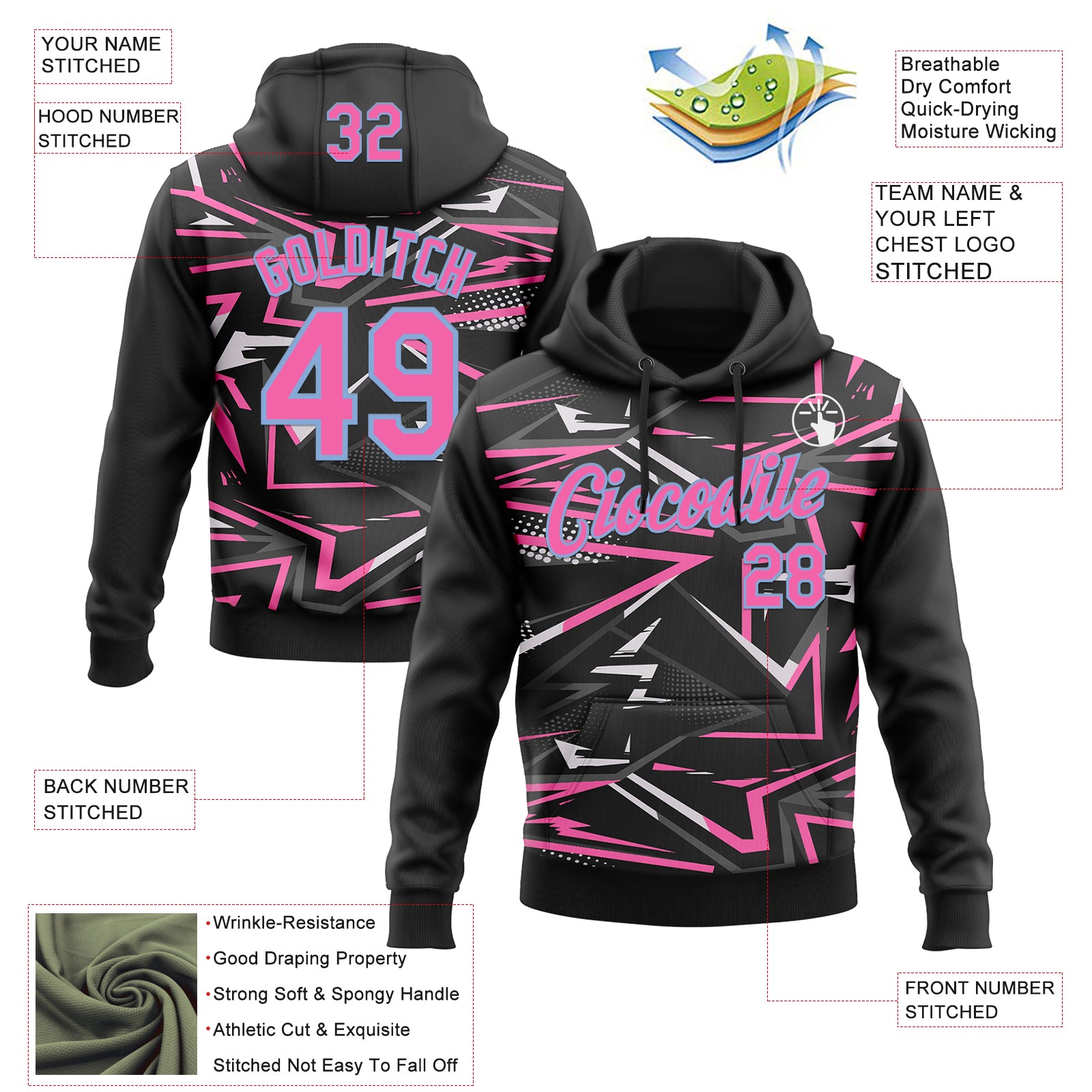 Custom Stitched Black Pink Light Blue-White 3D Pattern Design Line Sports Pullover Sweatshirt Hoodie