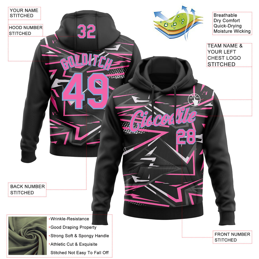 Custom Stitched Black Pink Light Blue-White 3D Pattern Design Line Sports Pullover Sweatshirt Hoodie