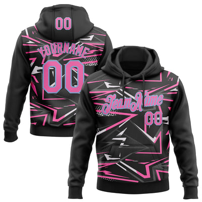 Custom Stitched Black Pink Light Blue-White 3D Pattern Design Line Sports Pullover Sweatshirt Hoodie
