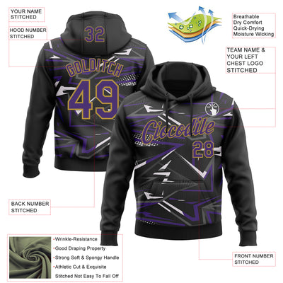 Custom Stitched Black Purple Old Gold-White 3D Pattern Design Line Sports Pullover Sweatshirt Hoodie