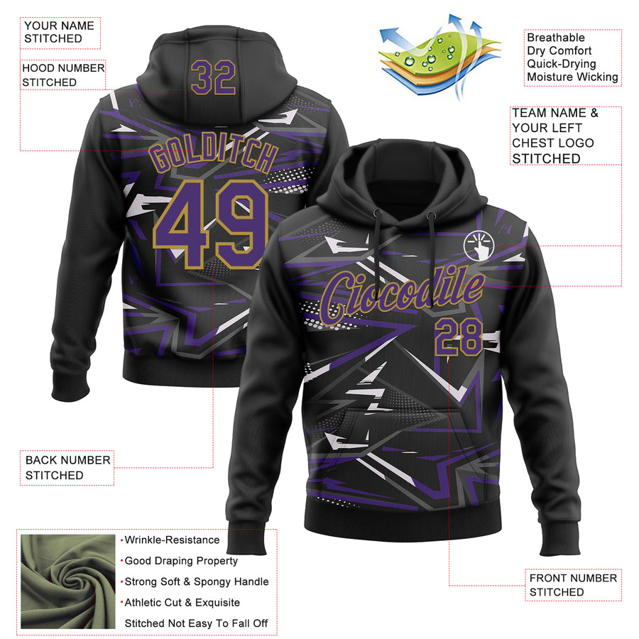 Custom Stitched Black Purple Old Gold-White 3D Pattern Design Line Sports Pullover Sweatshirt Hoodie