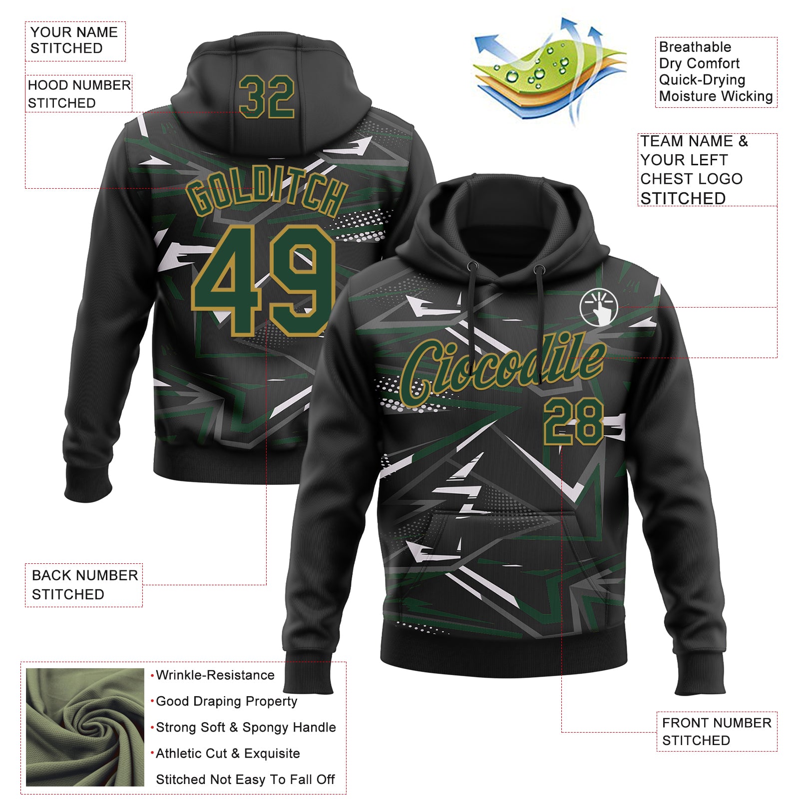 Custom Stitched Black Green Old Gold-White 3D Pattern Design Line Sports Pullover Sweatshirt Hoodie