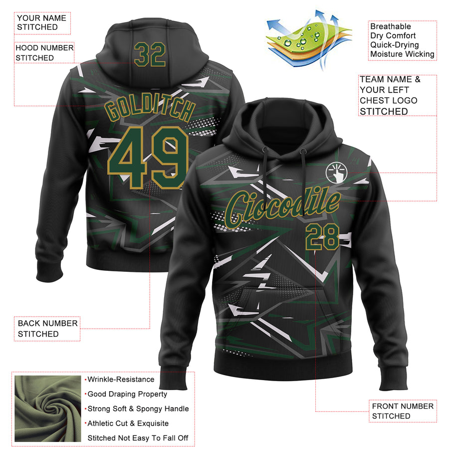 Custom Stitched Black Green Old Gold-White 3D Pattern Design Line Sports Pullover Sweatshirt Hoodie