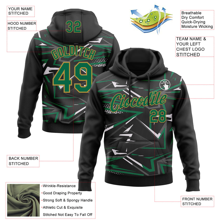 Custom Stitched Black Kelly Green Old Gold-White 3D Pattern Design Line Sports Pullover Sweatshirt Hoodie
